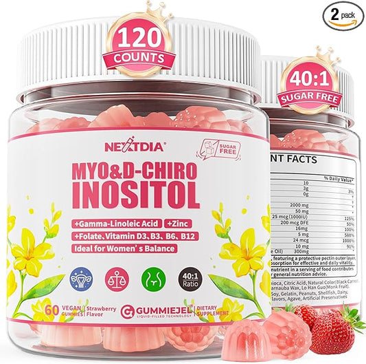 Inositol Gummies Supplement with Evening Primrose Oil for Women - 40:1 Ratio Myo-Inositol 2000mg & D-Chiro Inositol 50mg with VIT D3 B12 & Zinc, Sugar-Free for Natural Balance, Vegan (120ct)