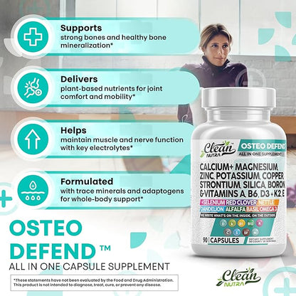 Clean Nutraceuticals Calcium Magnesium Zinc Supplement with Potassium, Copper, Strontium, Silica, Vitamin D3 K2, Boron, Vitamin B1 B12 Red Clover Herb Alfalfa Basil Pills for Men & Women Osteo Defend