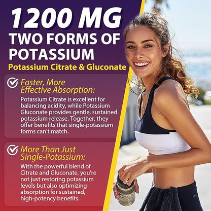 Potassium Citrate and Potassium Gluconate Supplement, 1200mg Two Forms of Potassium Gummies, w/Magnesium, Omega-3, Calcium, Vitamin D3 K2 B12 E B6, Folate for Muscles, Nerves, Health Bones, 60Cts
