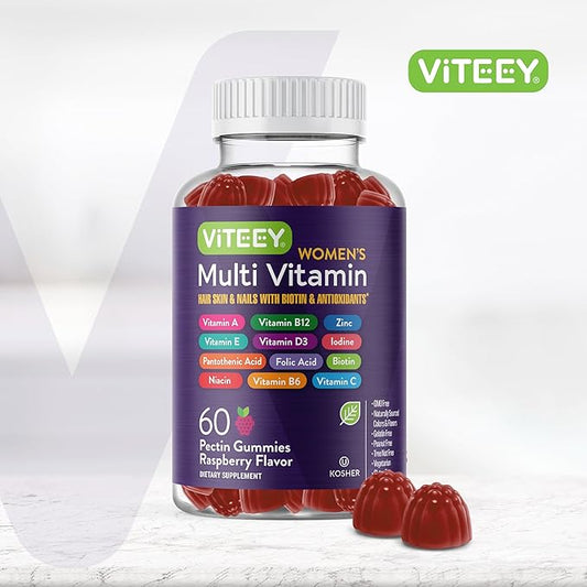 Viteey Womens Multivitamin Gummies - Immune Support - 12 in 1 Essential Vitamins & Minerals - Vitamin A, C, D3, E, B6, B12, Folic Acid, Biotin, Calcium, Zinc & More - Vegetarian - Raspberry Flavored