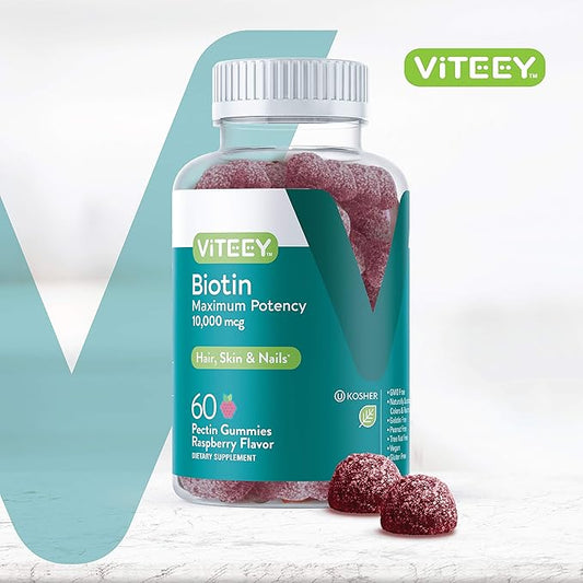 Viteey Biotin Gummies for Hair Skin and Nails - Biotin for Hair Growth Gummies - 10,000 mcg - Vegan, Gluten-Free, Non-GMO – 60 Count