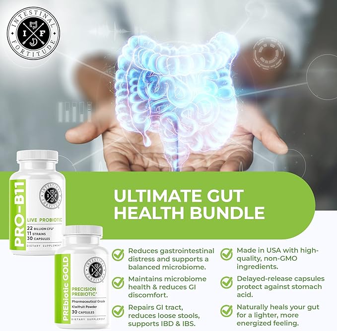 Intestinal Fortitude Prebiotic and Probiotic Supplement Bundle - 30 Capsules for Gut Health and Digestive Support, Promote Good Bacteria, Gut Lining and Support Healthy Digestion
