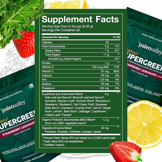 Paleovalley Organic Supergreens - Organic Greens Powder Superfood for Immune Support - Paleo Green Powder Blend - 28 Servings - 23 Organic Superfoods - Gluten Free, No Cereal Grasses, Soy or Grain