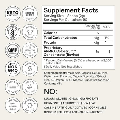 ARMRA Colostrum™ Powder | Vine Watermelon | Gut Health & Bloating | Skin & Hair | Immunity | Keto, Gluten & Fat-Free | 90 Servings