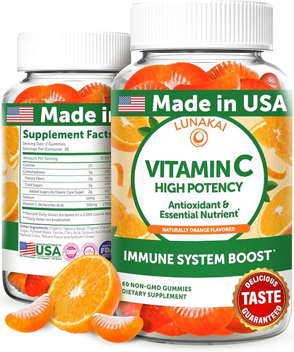 Lunakai USA Made High Potency Vitamin C Gummies for Adults and Kids - 300mg Immune Support - Non-GMO, Vegan, Delicious Orange Flavor, 60ct