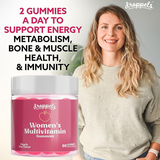 Droppels Women's Multivitamin Gummies with Folic Acid, Vitamins A, D, C, E, K, B6, B12, Biotin & More | Vegan, Non-GMO & Pectin-Based Daily Vitamins for Women | Peach Tea Flavor, 60 Count
