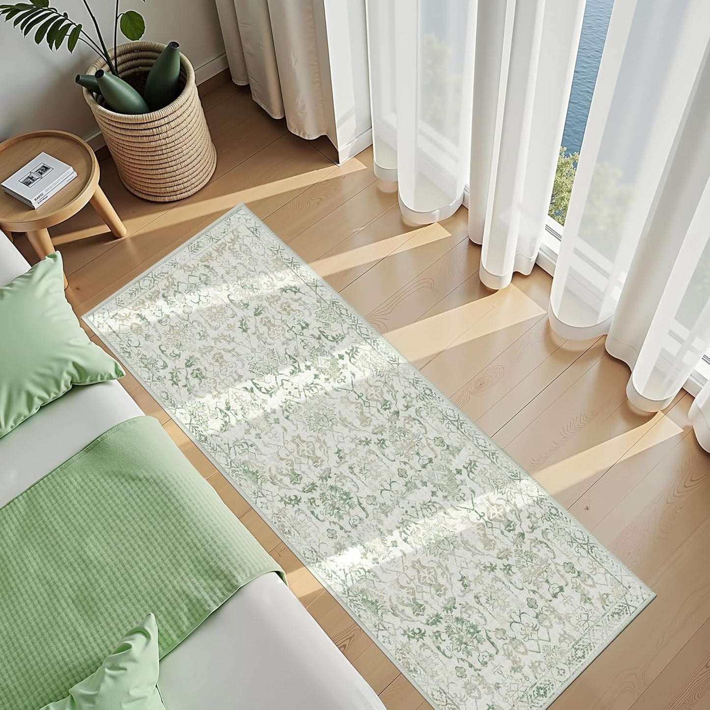 Green 3x7 Runner Rug for Hallways Bed Side Kitchen, Boho Washable Distressed Low-Pile Floor Entryway Long Bathroom Mat, Non-Slip Laundry Room Washstand Front Carpet Green 36x84 Inch