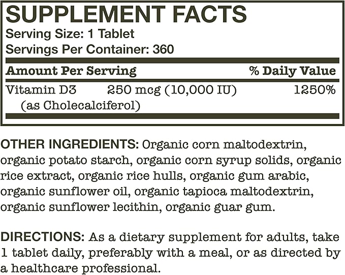 Futurebiotics Vitamin D3 10,000 IU (250 MCG) Supports a Healthy Immune Response, Helps Maintain Strong Bones and Muscles, 360 Organic Tablets