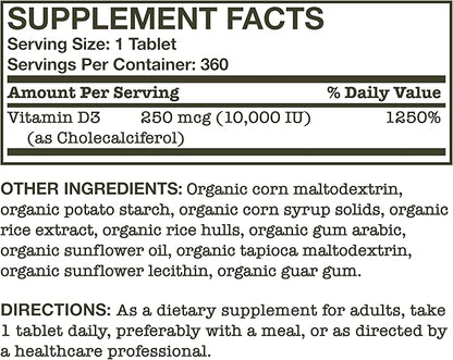 Futurebiotics Vitamin D3 10,000 IU (250 MCG) Supports a Healthy Immune Response, Helps Maintain Strong Bones and Muscles, 360 Organic Tablets