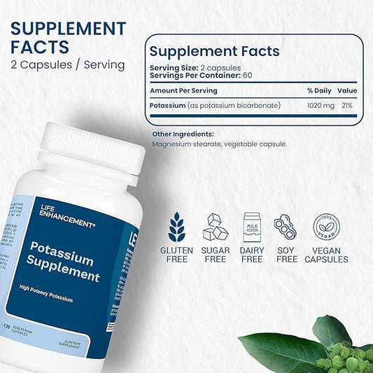 Life Enhancement High Absorption Potassium Supplement for Muscle, Brain & Bone Health - No Additives High Potency Elemental Potassium Supplement, Made in USA (120 Capsules – 60 Servings)