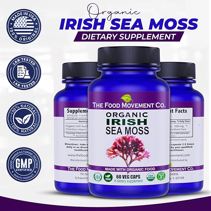 Irish Sea Moss, Organic Prebiotic Food, Over 70 Trace Minerals, Supports Healthy Elimination, Digestion and Immune Support 60 Vegetarian Capsules