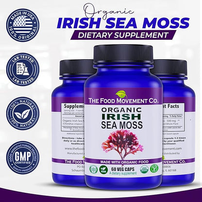 Irish Sea Moss, Organic Prebiotic Food, Over 70 Trace Minerals, Supports Healthy Elimination, Digestion and Immune Support 60 Vegetarian Capsules