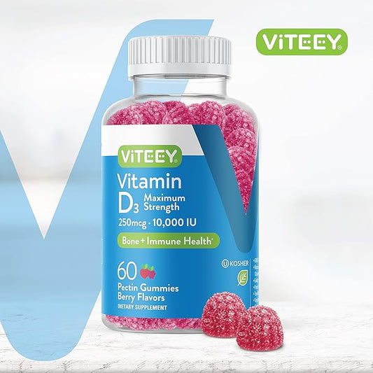 Viteey Vitamin D3 Gummies for Adults & Teens - 10,000 IU, 250mcg, Maximum Strength - Joint & Muscle Health, Immune Boost - Chewable Vitamin D Gummies - Vegetarian, Gelatin Free - Tasty Berry Flavored