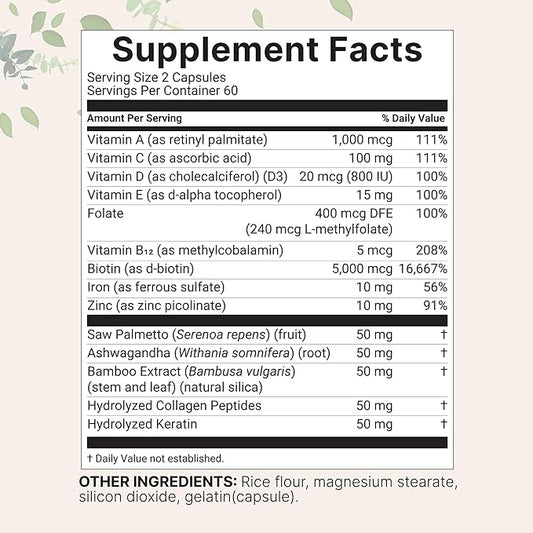 Micro Ingredients Hair Growth Vitamins for Women & Men, 120 Capsules | 14-in-1 Formula with Biotin, Collagen, Keratin, Saw Palmetto & More | Thicker, Fuller, Nourishes Thinning & Loss Hair Support