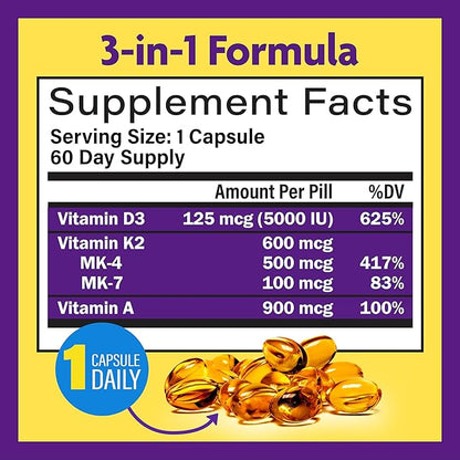InnovixLabs Vitamin D3 K2-5000 IU Vitamin D3 Plus 600 mcg Vitamin K2 MK4 and MK7 for Max Calcium Absorption, Supports Bone, Immune, Heart Health, 3rd Party Tested, Gluten Free, 60 Softgels
