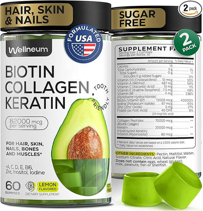 Biotin and Collagen Peptide Gummies for Hair Growth, Skin and Nails - 82000 Mcg per Serving - Biotin Chewables with Keratin Max Strength - Beauty Gummies for Women and Men - Sugar Free, Non-GMO