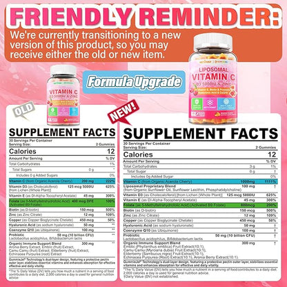 Liposomal Vitamin C 1000/200mg + D3 5000IU Zinc Gummies, Elderberry Echinacea for Immune, Folate, Hyaluronic Acid, Copper, VE for Beauty, CoQ10 Energy, Overall Health, Sugar Free, Chewable, Natural