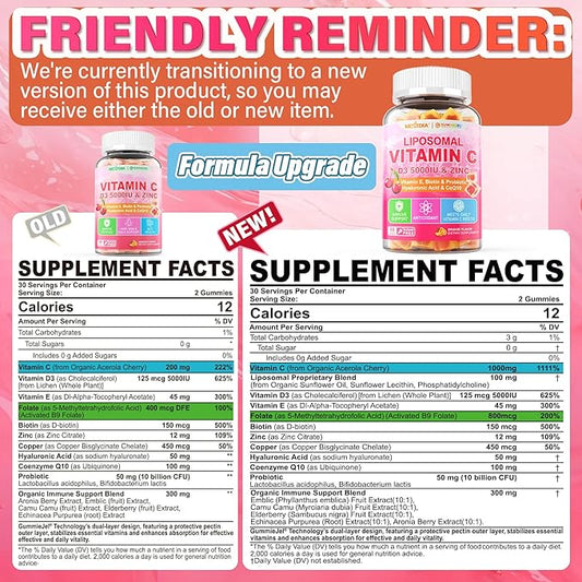 Liposomal Vitamin C 1000/200mg + D3 5000IU Zinc Gummies, Elderberry Echinacea for Immune, Folate, Hyaluronic Acid, Copper, VE for Beauty, CoQ10 Energy, Overall Health, Sugar Free, Chewable, Natural