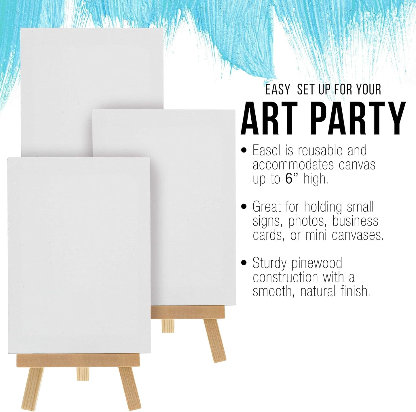 U.S. Art Supply 4" x 6" Stretched Canvas with 8" High Small Natural Wooden Easel (12 Pack), A-Frame Canvas Stand Tripod, Small Painting Easels - Tabletop Easel for Painting, Canvases, Student Crafts