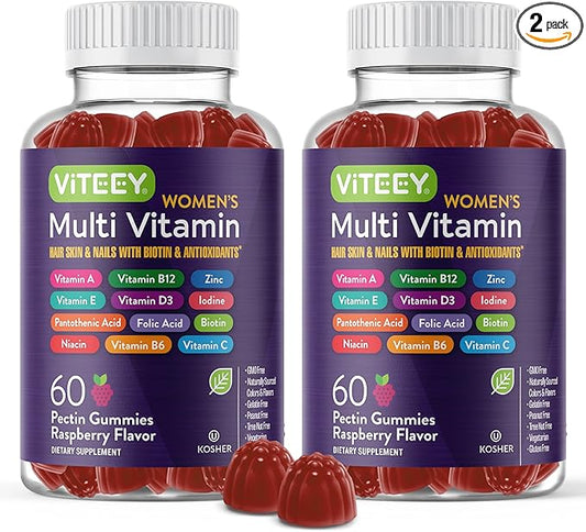 Viteey Womens Multivitamin Gummies - Immune Support - 12 in 1 Essential Vitamins & Minerals - Vitamin A, C, D3, E, B6, B12, Folic Acid, Biotin, Calcium, Zinc & More - Vegetarian - Raspberry Flavored