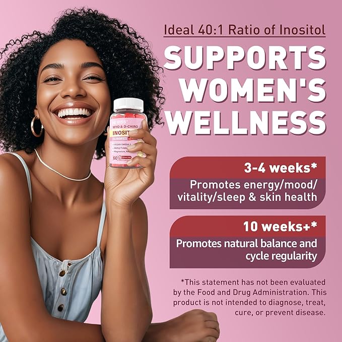 Myo-Inositol & D-Chiro Inositol Gummies for Women 2000mg + 50mg, 40:1 Ratio Inositol with Vegan Omega-3 + D3, Magnesium Glycinate, Methyl Folate + B12 for Female Health & Wellness, Sugar Free, 120 Cts