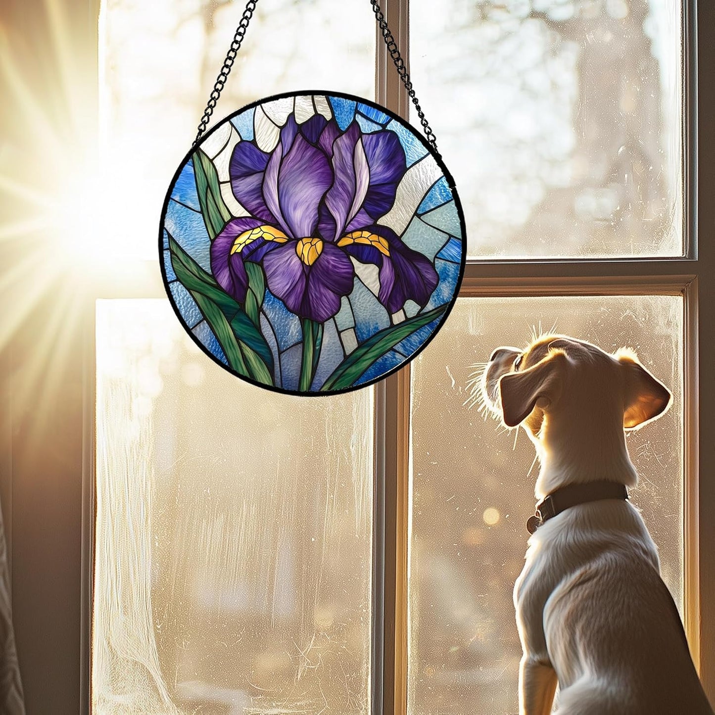 Stained Glass Window Hanging - Iris Birth Flower Suncatcher for Doors Garden Yard Purple Blue Sun Catchers Decor Christmas Mother's Day Birthday Gifts for Teacher Women Mom Nana 9.8 in