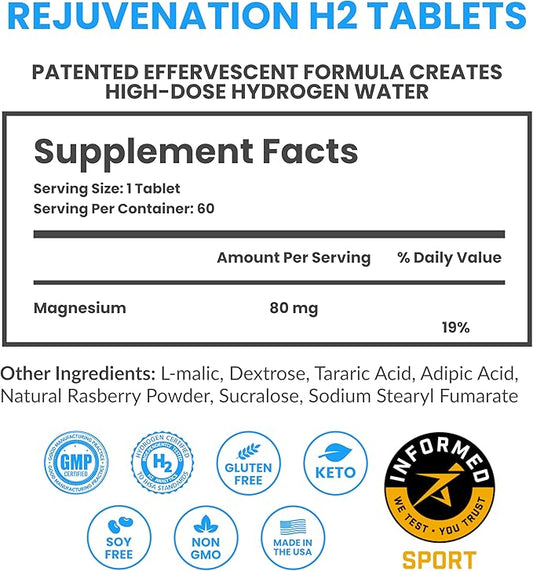 DRINK HRW Rejuvenation Molecular Hydrogen Water Tablets: 12 ppm H2 - Hydrogen & Magnesium Supplement, Supports Energy Production, Recovery, Cognitive Health. Informed Sport Certified (Raspberry 60ct)