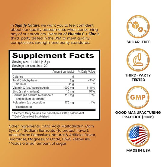 SIGNIFY NATURE Vitamin C 1000mg Effervescent Tablets - Potent Immune Support VIT C with Zinc Supplement - Sugar-Free & Vegan Formula | Dissolvable Vitamin C Tablets - Water Soluble Fizzy Elixir - 20CT