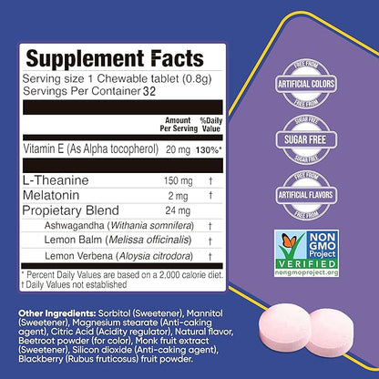 Natural Sleep Aid with Melatonin, Ashwagandha, Lemon Balm & L-Theanine – Drug-Free Sleep Support Supplement – Restful Sleep, Back to Sleep – BlackBerry Flavor – 32 Chewable Tablets
