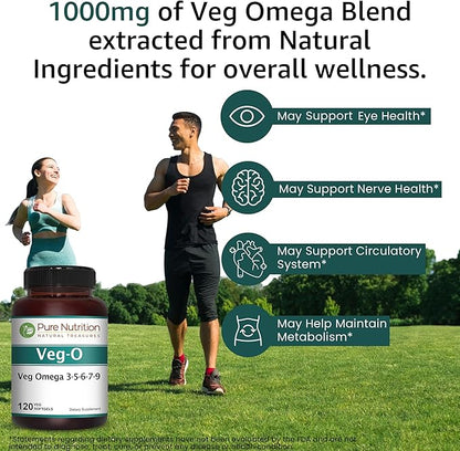 Pure Nutrition Vegan Omega 3-5-6-7-9 | 120 Softgels | 600mg per Serving of 2 Softgels | Multi Omega Supplement for Overall Health | Non GMO | Gluten Free