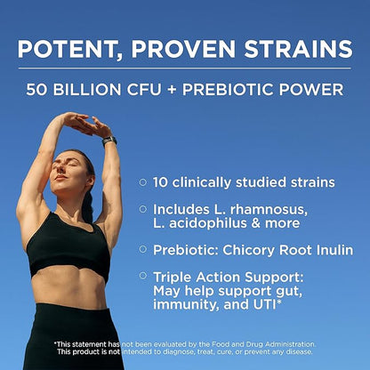 Omax Prebiotic & Probiotic 50 Billion CFU + Chicory Inulin, 10 Strains, Reduce Bloating, Digestion, SIBO, Leaky Gut, Vaginal pH, Acidophilus, Vegan, Dairy Free, Gluten Free, Blister Packaged