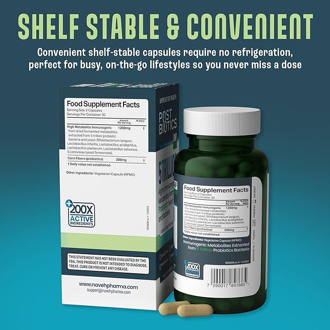 NAVEH PHARMA Adult Postbiotics Capsules for Women and Men | Postbiotics for Gut Health with 200X Ingredients Than Probiotic and Prebiotic | Supports Immunity, Digestion, Microbiome & Metabolism