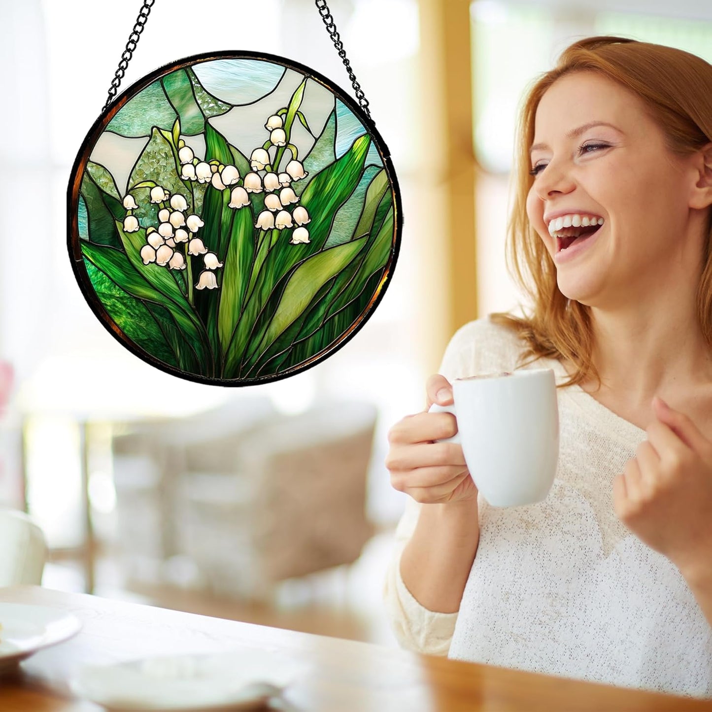 Stained Glass Window Hanging - White Green Lily of The Valley Suncatcher for Doors Garden Terrace Plant Sun Catchers Decor Mother's Day Birthday Flowers Gifts for Women Men Mom 9.8 in