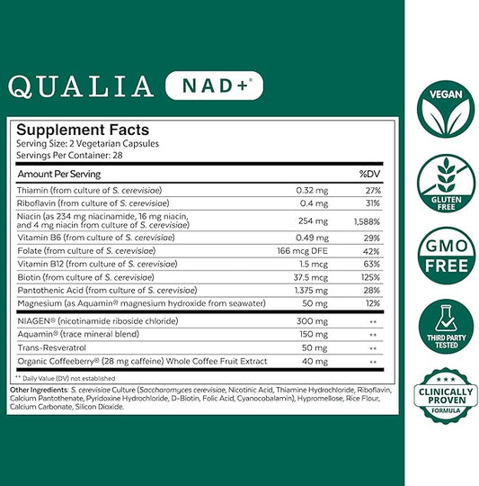 Qualia NAD Supplement — Clinically Proven to Boost NAD+ up to 67%. Optimized Aging, Energy, Focus. Elite NAD+ Booster Ingredients Nicotinamide Riboside (NIAGEN), Niacin, Niacinamide (1 Month Supply)