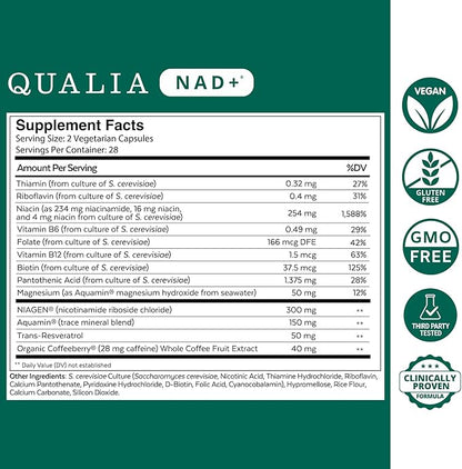 Qualia NAD Supplement — Clinically Proven to Boost NAD+ up to 67%. Optimized Aging, Energy, Focus. Elite NAD+ Ingredients: Nicotinamide Riboside (NIAGEN,) Niacin, Niacinamide (2 Month Supply)
