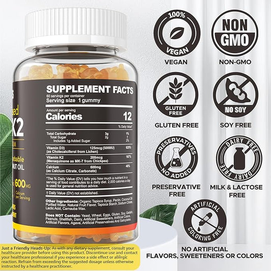 Vitamin D3 5000iu & K2( as MK7 ) 200mcg Gummies + 600mg Calcium, with Coconut Oil for High Absorption, Maximum Strength Vitamin D3 K2 Supplement - Support for Bones Muscle Teeth Immune, Vegan 60 Count