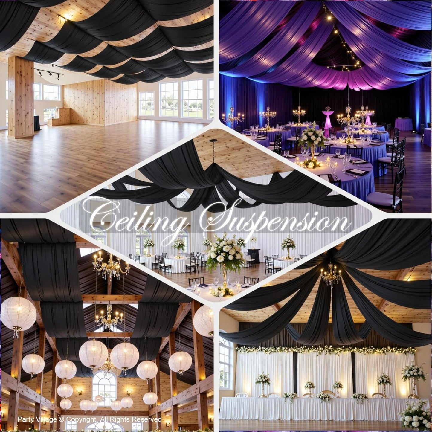 PartyVillage 4 Panels 5ftx30ft Black Ceiling Drapes for Halloween Parties – 30 FT Extra Long Thick Polyester Wrinkle-Free Drapery Tent Decor Decorations for Birthday Party Ceremony Stage Swag