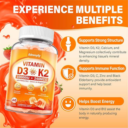 Vitamin D3 Supplement 10000IU for Adult - Vitamin D3 5000IU / 10000IU Gummies with K2, Methyl B12, Calcium, Magnesium, Zinc and Elderberry for Women & Men - Sugar-Free, Vegan Vitamin D Gummies