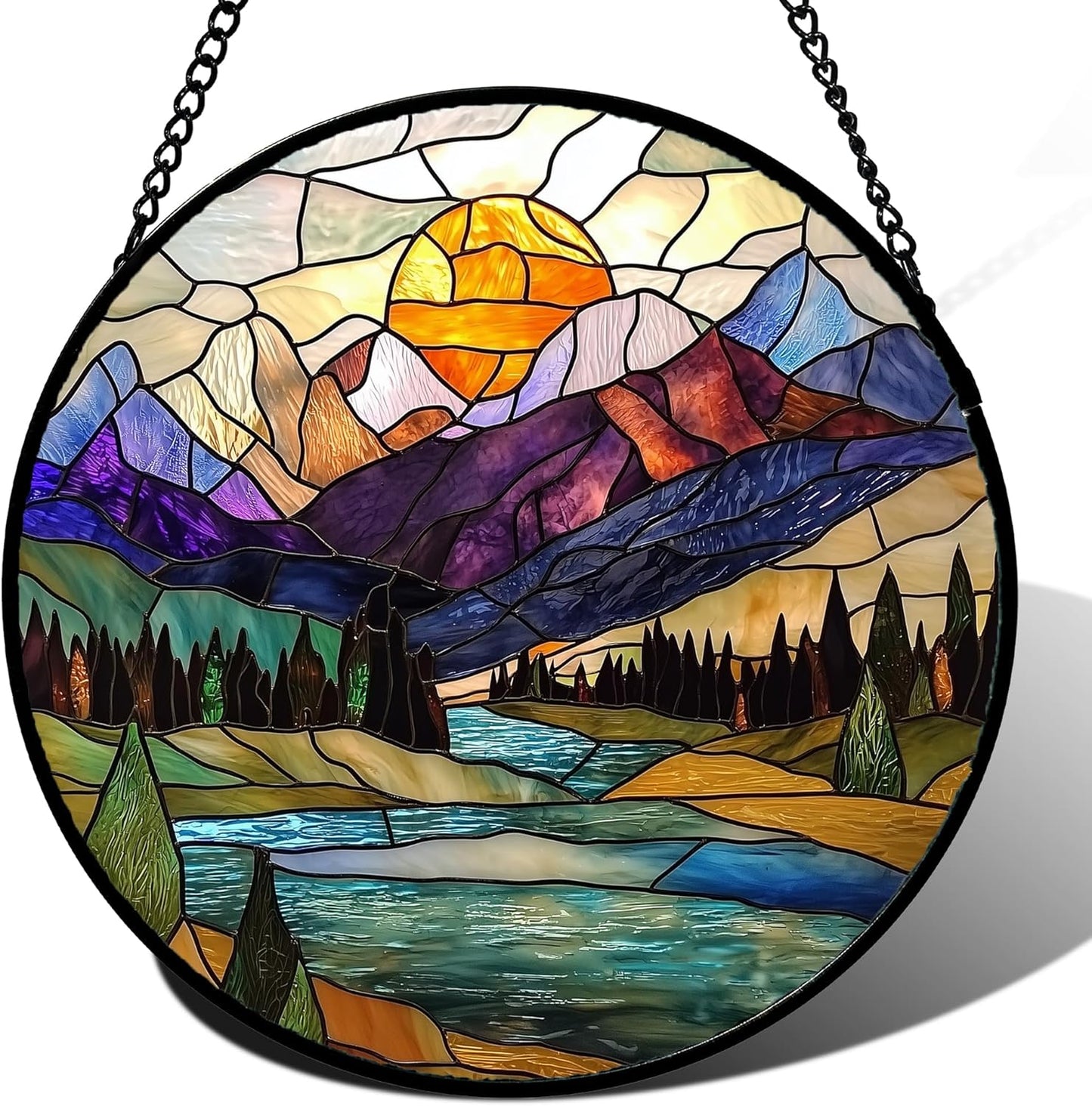 Stained Glass Window Hanging, Blue Lake Golden Sun Abstract Mountains Landscape Suncatcher for Doors Window Home Sun Catchers Decor Mother's Day Birthday Gifts for Women Men Mom 6.3 in