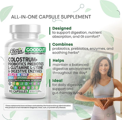 Clean Nutraceuticals Colostrum Supplement Capsules Probiotics Pills Prebiotics, L-Glutamine, Digestive Enzymes, Folate, Fiber, ACV, Turmeric, Apple Pectin and Turmeric Good Gut