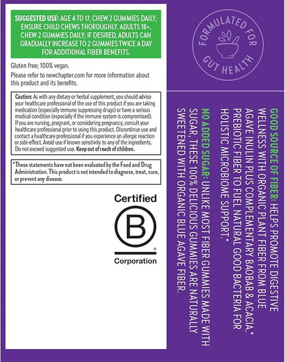 New Chapter Organic Fiber Gummies for Adults & Kids (Age 4+), Plant-Based Prebiotic Fiber for Digestive Health, Vegan, Non-GMO, USDA Organic, Gluten Free, Citrus-Berry Flavored, 60 ct