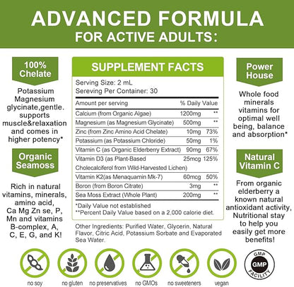 Calcium Magnesium Zinc Liquid with Vitamin D3, Magnesium Glycinate Plus Vitamin C K2| High Absorption Plant Calcium Supplement for Heart & Bone| Gluten Free，Sugar-Free | 30 Servings | Lemon Flavor