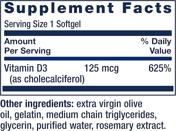 Life Extension Vitamin D3 125 mcg (5000 IU), Bone Health, Brain Performance, Immune System Support, Gluten-Free, Non-GMO, Once Daily, Two-Month Supply, 60 Softgels
