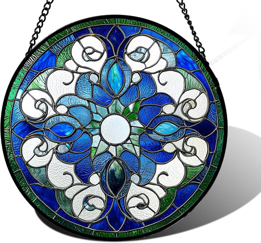 Stained Glass Window Hanging, Boho Style Sun Catchers Diamond Glass Panel Hangings Tiffany Suncatcher Decor for Birthday for Women, Men, Wife, Aunt, and Mom 11.8x11.8 in