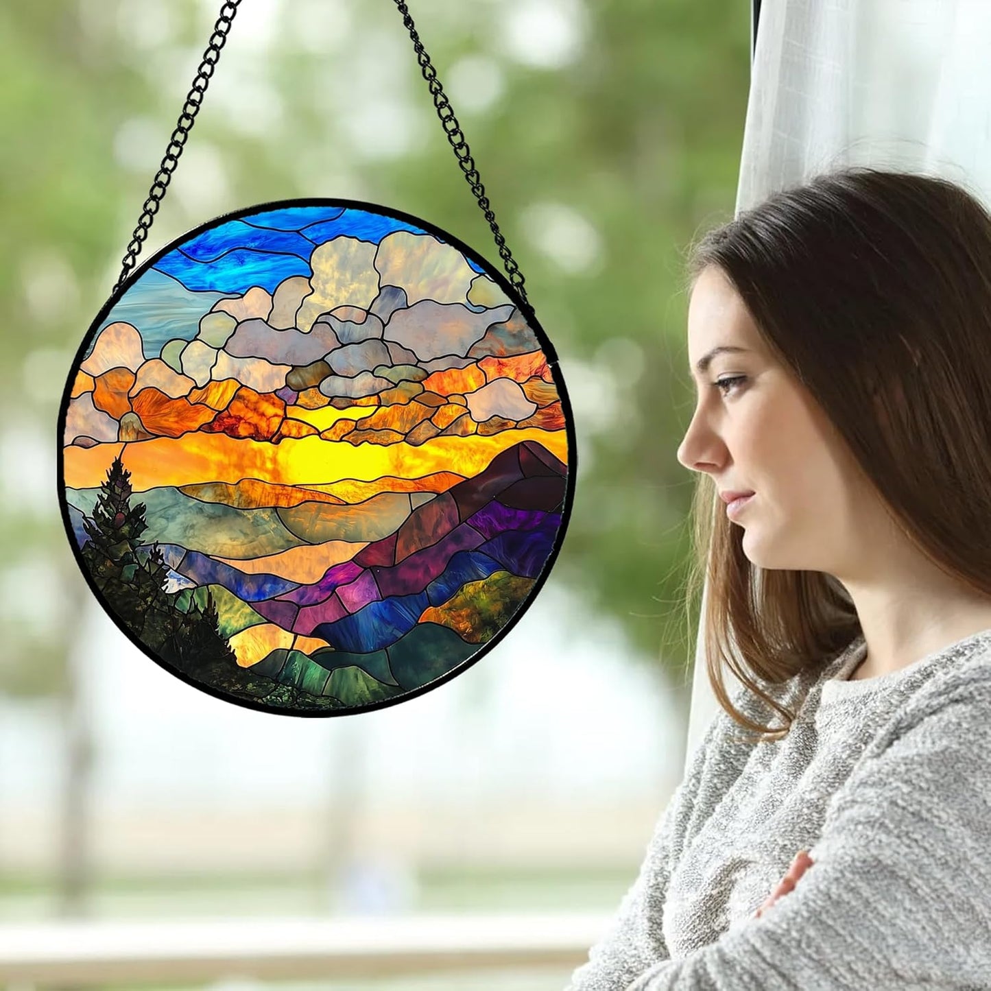Stained Glass Window Hanging, Abstract Clouds Mountains Landscape Suncatcher for Doors Window Home Sun Catchers Decor Mother's Day Birthday Gifts for Women, Men Mom 15 in