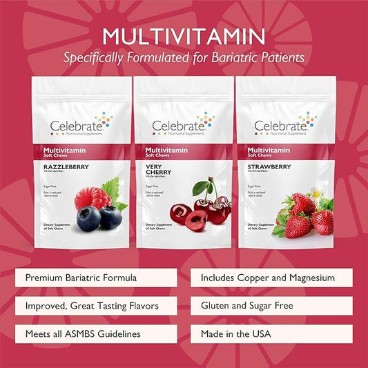 Celebrate Vitamins Bariatric Multivitamin Soft Chews - Essential Vitamins & Minerals, Sugar & Gluten Free - Gastric Bypass & Sleeve Gastrectomy Supplement - Berry/Strawberry/Cherry (180ct)