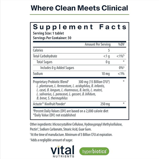 Hyperbiotics Vital Nutrients Pro-15 Advanced Probiotics for Women and Men | 15 Strains + Kiwifruit | Clinically Studied Daily Probiotics for Digestive Health, Gas, & Bloating | 30 Vegan Tablets