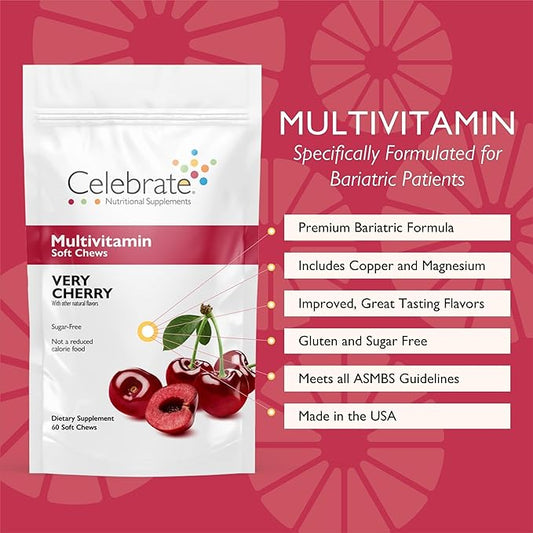 Celebrate Vitamins Bariatric Multivitamin Soft Chews - Essential Vitamins & Minerals, Sugar & Gluten Free - Gastric Bypass & Sleeve Gastrectomy Supplement - Cherry (60ct)
