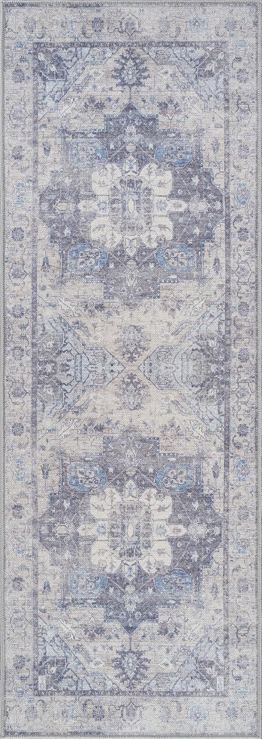 Bloom Rugs Washable Non-Slip 12 ft Runner - Blue/Sand Traditional Medallion Runner for Entryway, Hallway, Bathroom, and Kitchen - Exact Size: 2.5' x 12'
