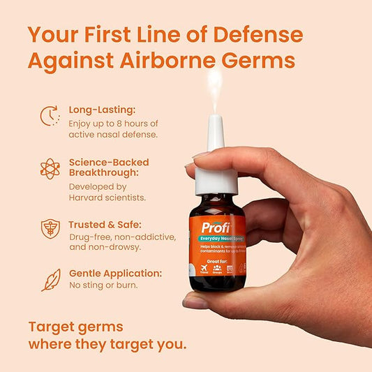 Profi™ Everyday Nasal Spray - Helps Defend Against Airborne Germs and Allergies, Lasts Up to 8 Hours, Advanced Nasal Spray for Air Travel, Work, Conferences & Indoor Gatherings - 90 Sprays, 0.29 FL OZ